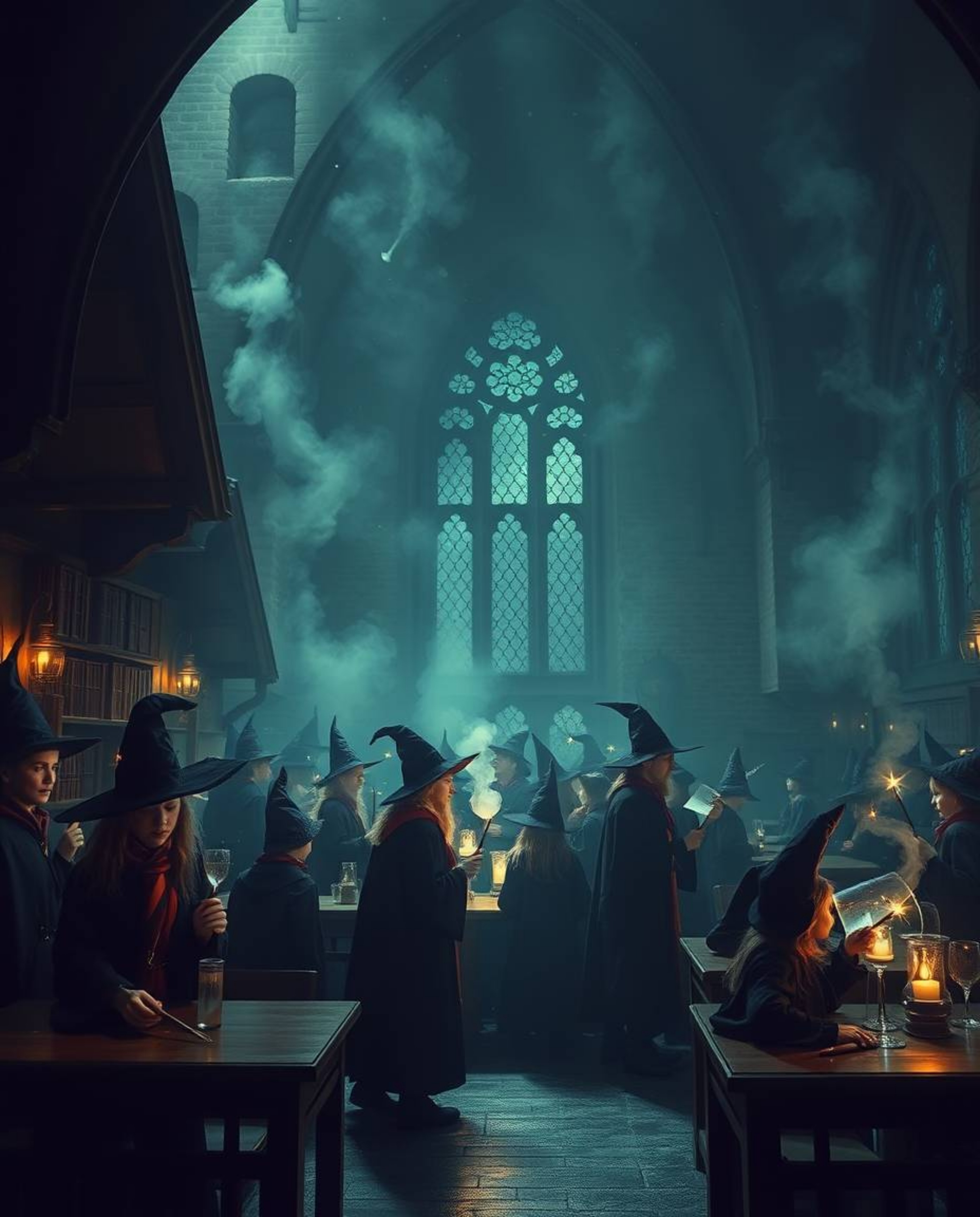 Explore a mesmerizing magical school teeming with young wizards, enveloped in a mystic and enchanting atmosphere. Rendered in