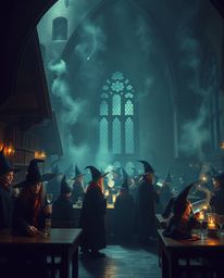 Explore a mesmerizing magical school teeming with young wizards, enveloped in a mystic and enchanting atmosphere. Rendered in