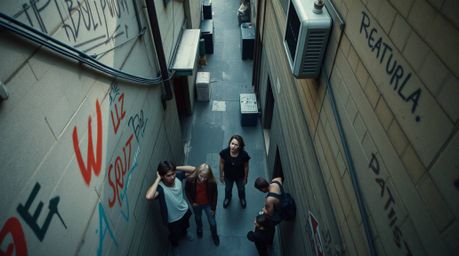 A captivating high-angle photograph captures a gritty city alleyway teeming with rebellious teenagers. This striking image of