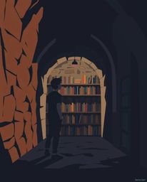 A person's discovery of a hidden underground library is captured in a modern, flat design aesthetic. The scene employs contra