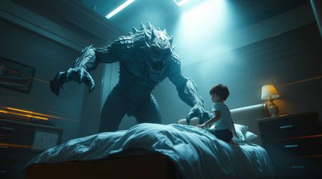 Explore a heartwarming and visually stunning concept where a monster under the bed becomes a child's best friend. This scene 