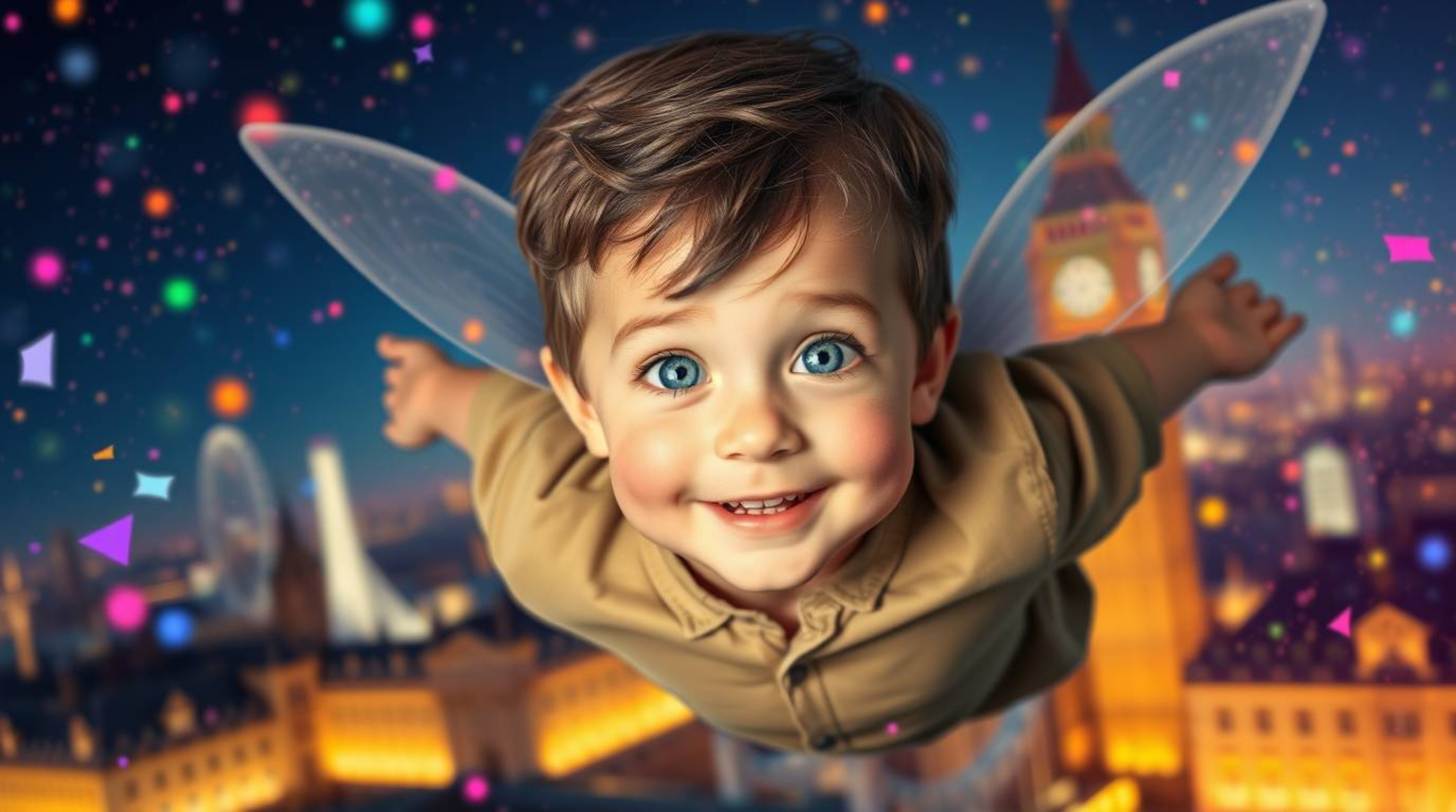 A charming young boy with rosy cheeks and bright eyes soars above the colorful London skyline, powered by vibrant, complement