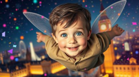 A charming young boy with rosy cheeks and bright eyes soars above the colorful London skyline, powered by vibrant, complement