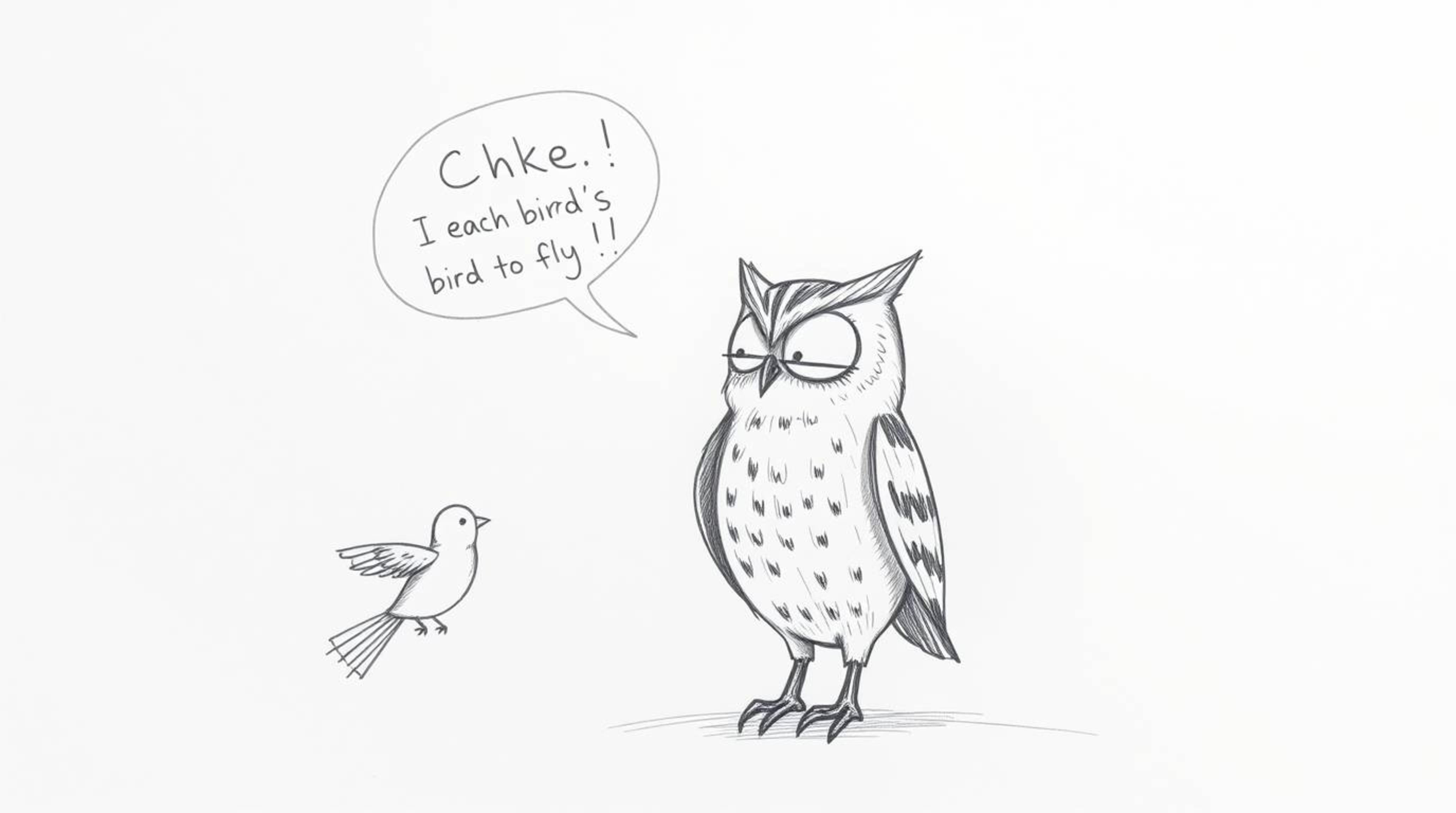 A heartwarming hand-drawn sketch, rendered in a Pixar-inspired style, depicts a blind owl with textured pencil strokes patien