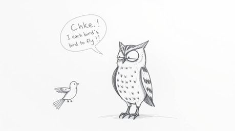 A heartwarming hand-drawn sketch, rendered in a Pixar-inspired style, depicts a blind owl with textured pencil strokes patien