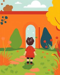 A whimsical illustration in a warm, modern flat design depicts a child discovering a magical portal in their brightly colored