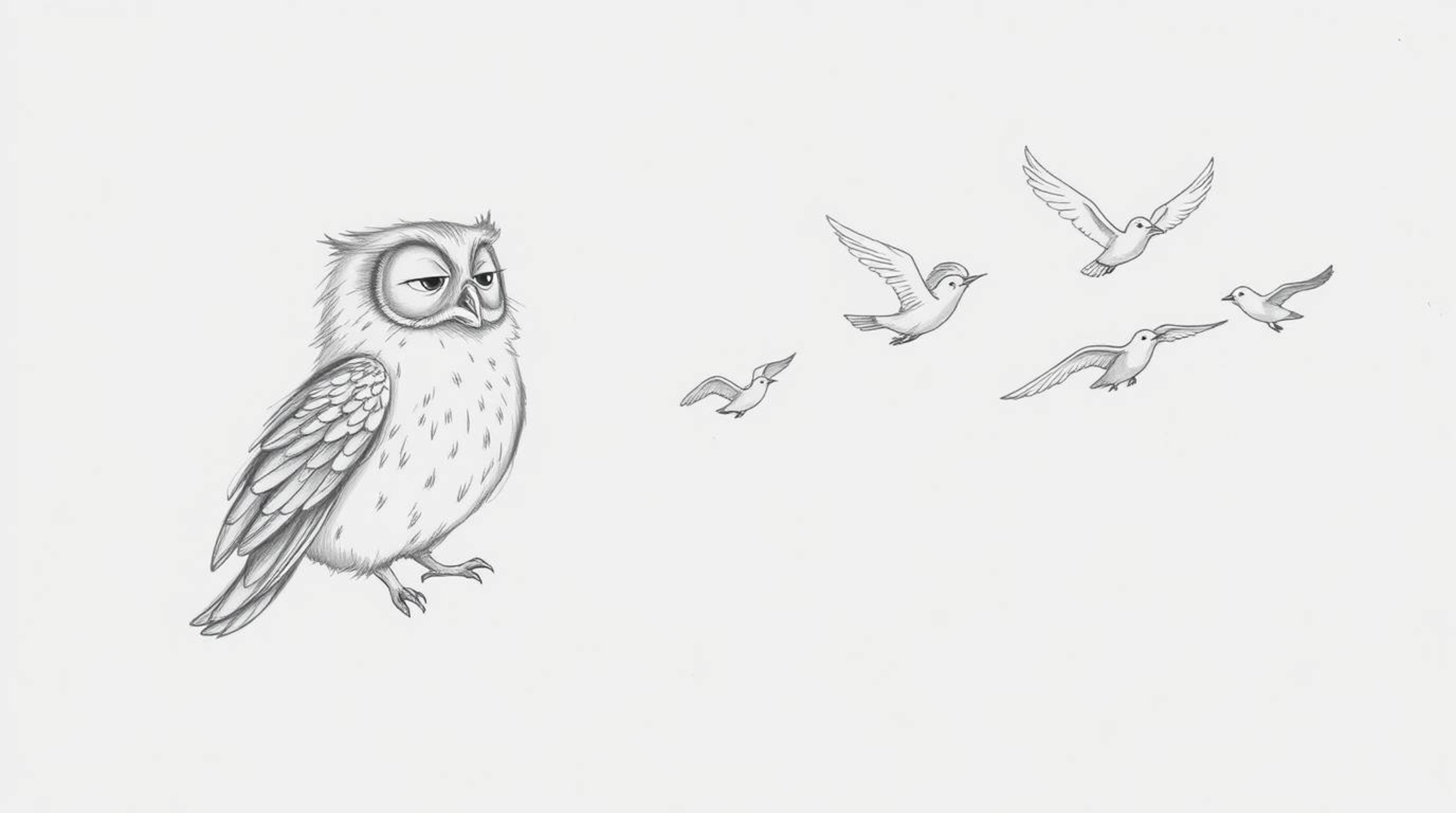 A hand-drawn pencil sketch inspired by Pixar, portraying a sightless owl with gentle, feathery details instructing a group of