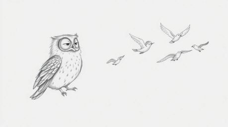 A hand-drawn pencil sketch inspired by Pixar, portraying a sightless owl with gentle, feathery details instructing a group of
