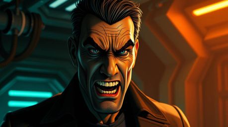 A villain with a striking appearance, featuring a sharp jawline and tan skin, is caught in a humorous breakdown within a high