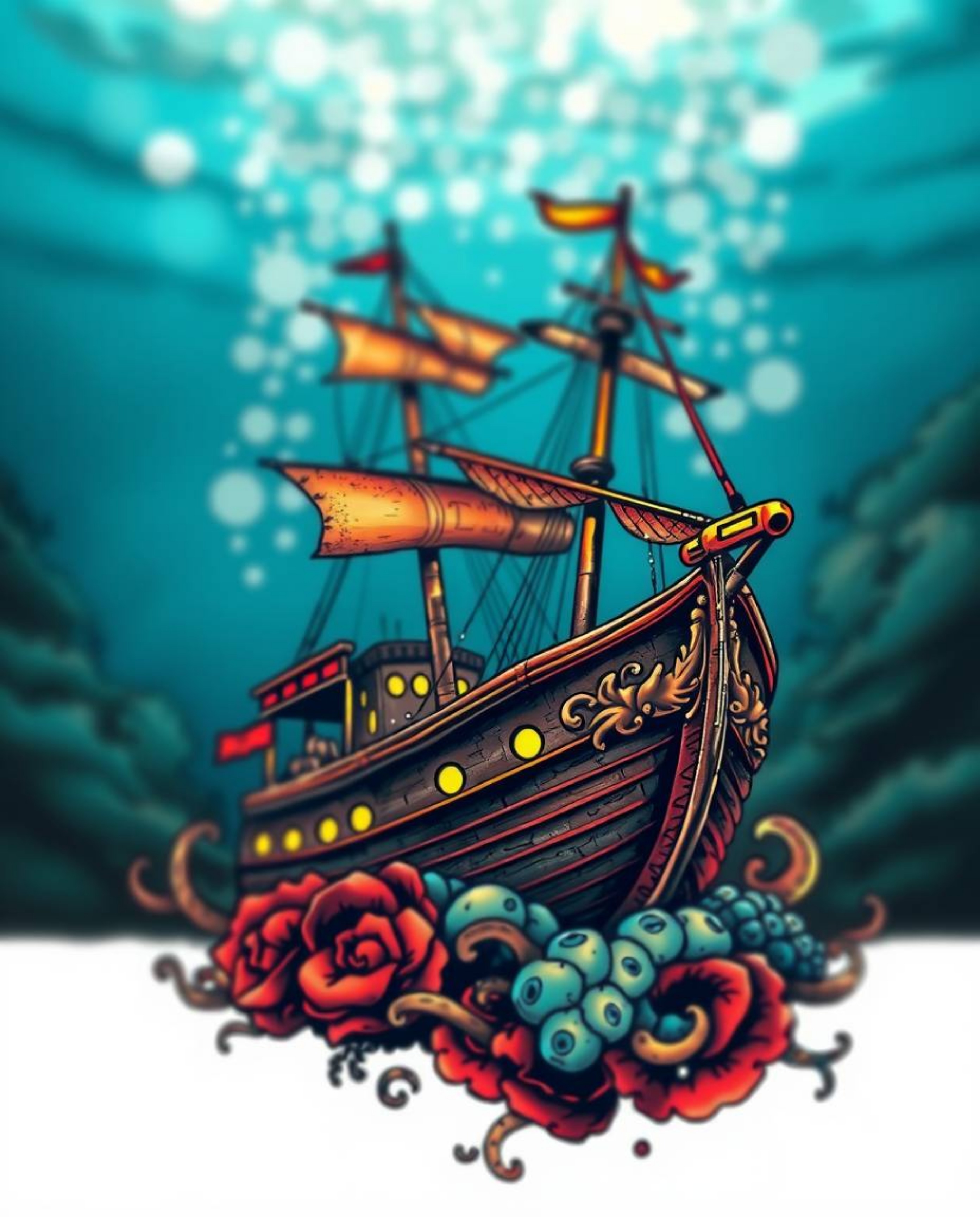 This stunning symbolic tattoo art print features a captivating shipwreck illuminated deep underwater against a blurred bokeh 