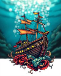 This stunning symbolic tattoo art print features a captivating shipwreck illuminated deep underwater against a blurred bokeh 