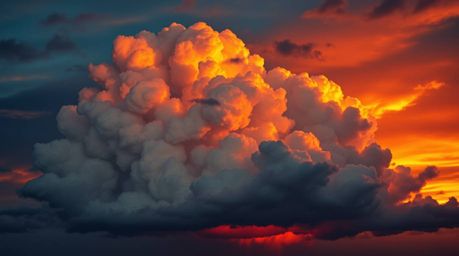 A sophisticated and elegant depiction of thunderstorm clouds illuminated by sunset light, rendered in rich burgundy and deep 