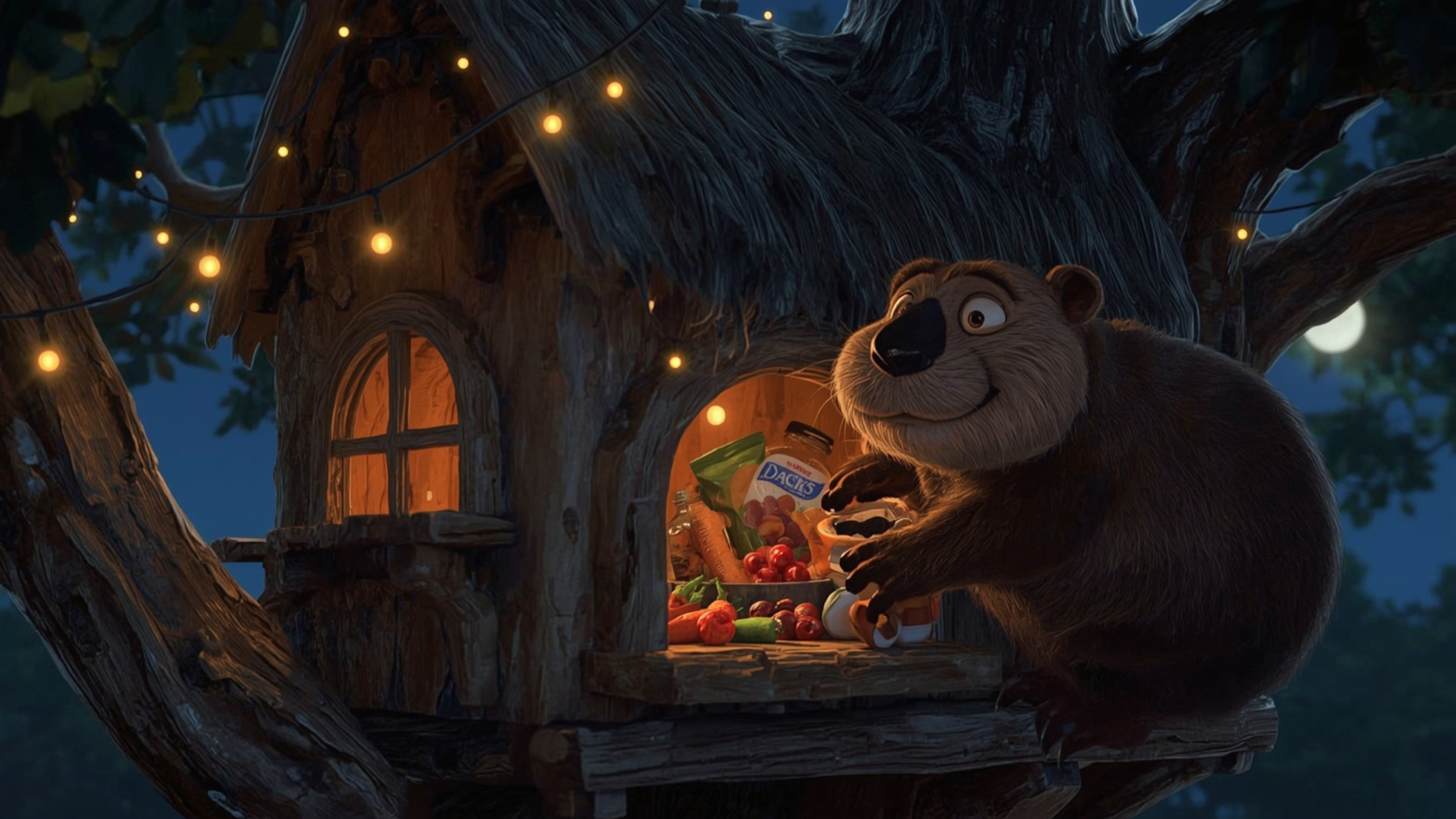 A high-resolution, commercially-ready stock photo, reminiscent of Pixar's whimsical style, shows a beaver diligently construc
