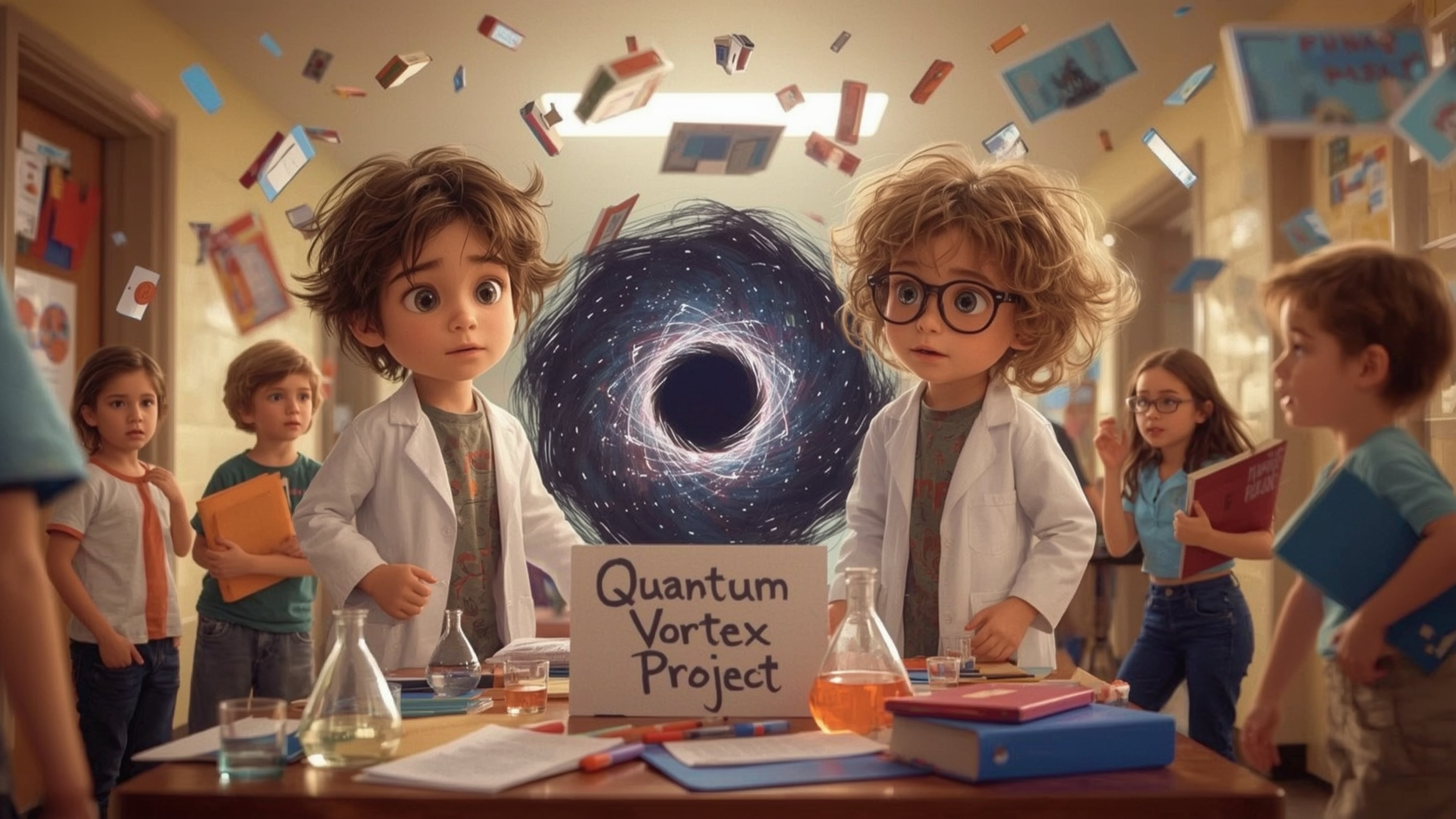 A vibrant, whimsical, and dynamic Pixar-inspired cinematic photo captures a science fair duo—a boy with messy brown hair and 