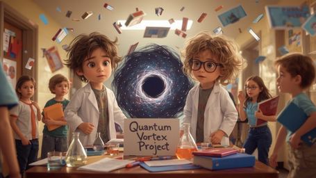 A vibrant, whimsical, and dynamic Pixar-inspired cinematic photo captures a science fair duo—a boy with messy brown hair and 