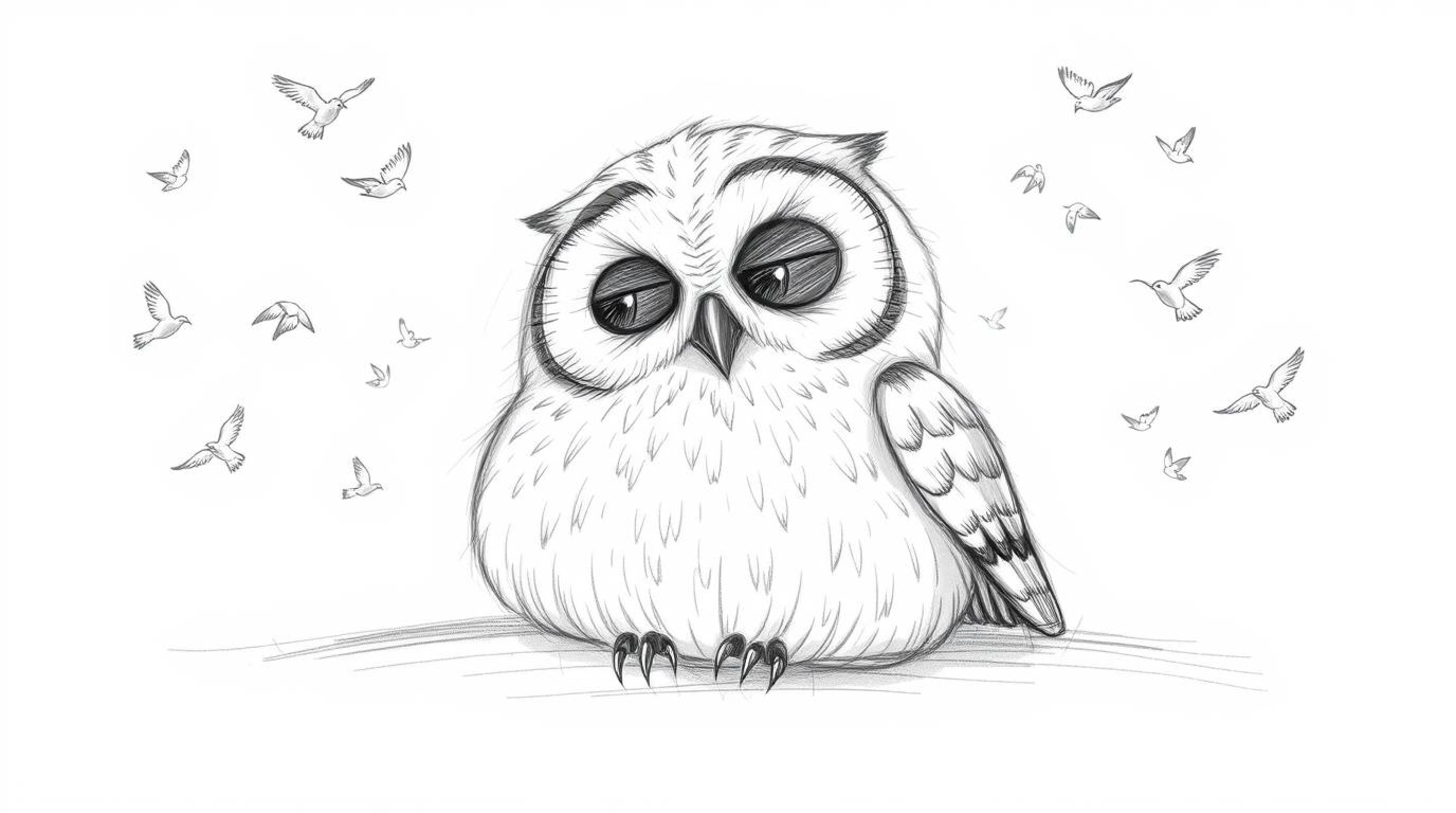 A charming hand-drawn sketch in the style of Pixar depicts a wise, blind owl with soft, textured pencil strokes resting peace