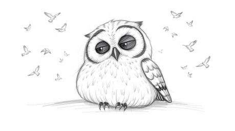A charming hand-drawn sketch in the style of Pixar depicts a wise, blind owl with soft, textured pencil strokes resting peace