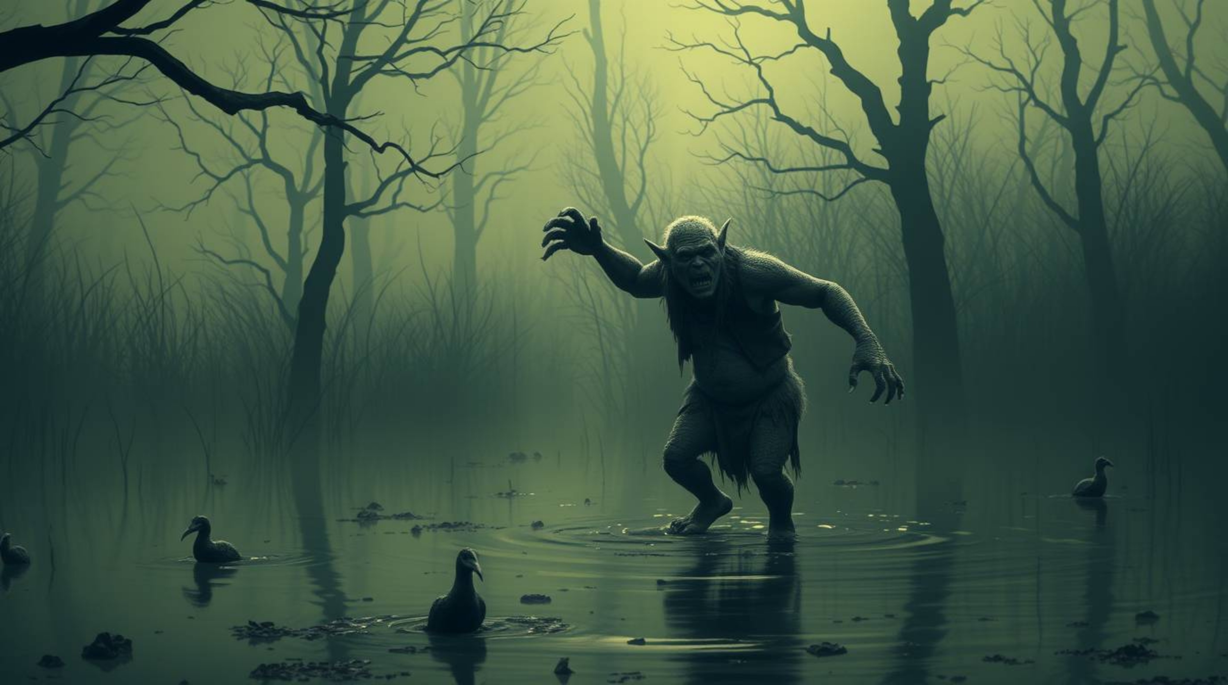 A captivating image of an ogre dancing in a swamp, featuring a unique blend of eerie, creepy atmosphere with soft pastel colo