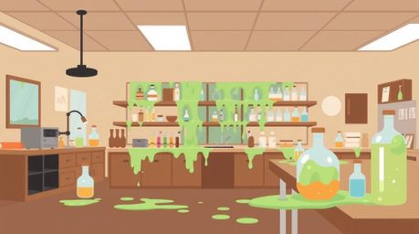 This image showcases a slime-covered science lab rendered in a modern flat design.  Simple two-dimensional shapes and a muted