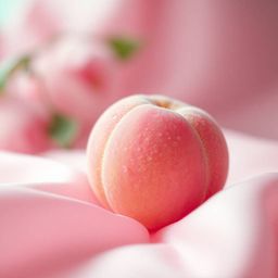 A futuristic, cinematic close-up of a soft pink peach resting on pastel pink silk. The image captures the peach's fuzzy textu