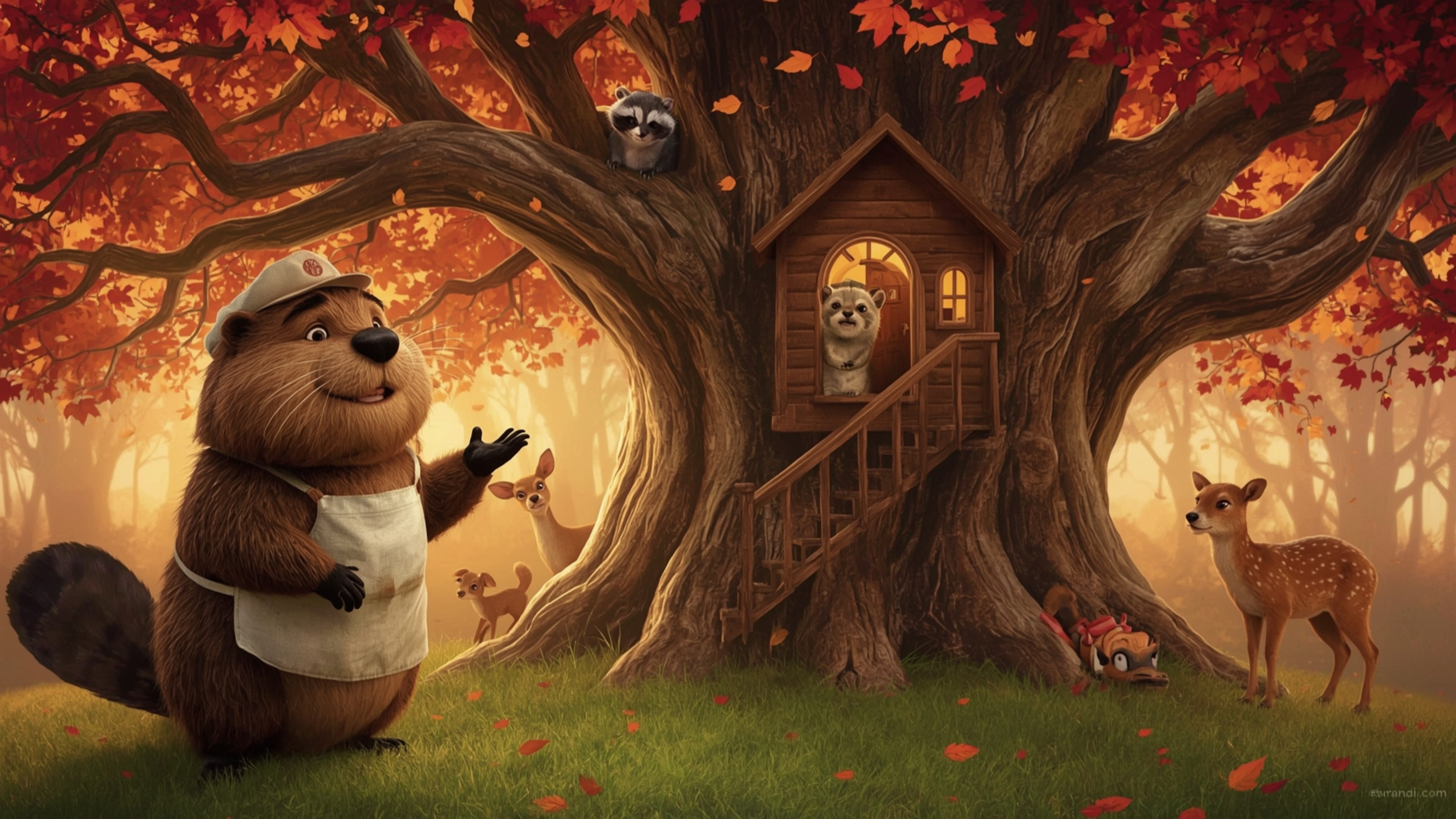 A high-resolution, Pixar-esque stock photo features a beaver with a kind smile, wearing a tiny carpenter's hat and apron, bus