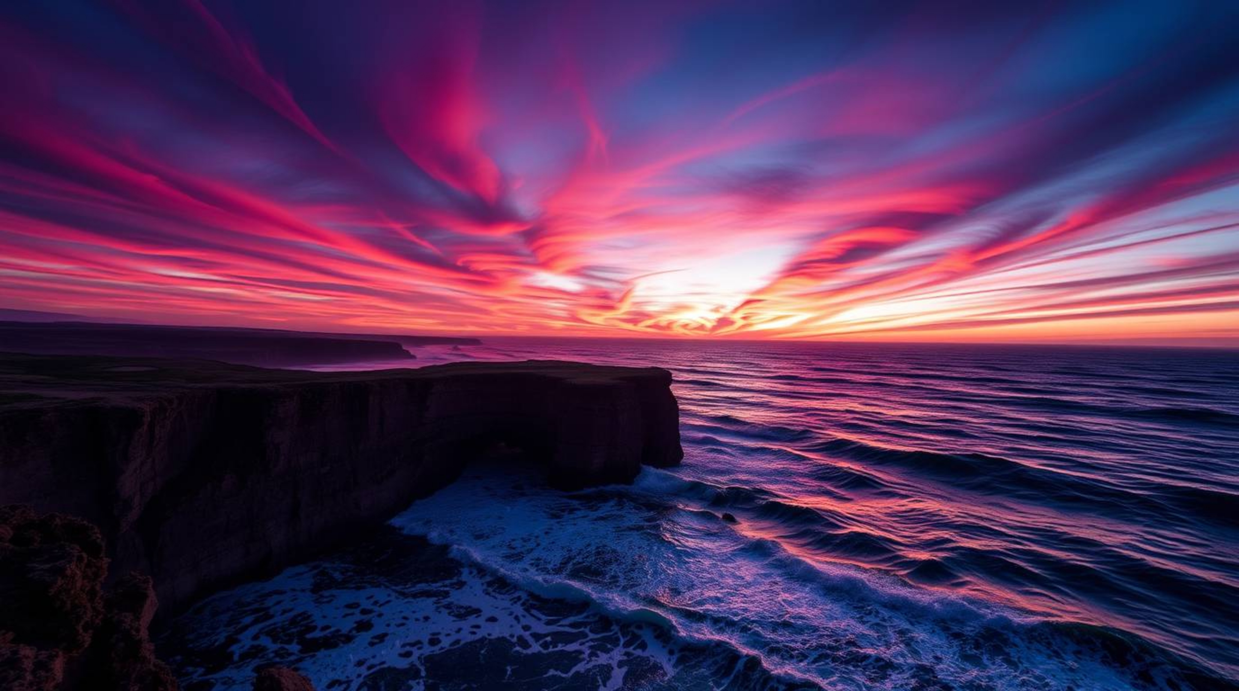 Capture the raw beauty of nature with this high-resolution stock photo showcasing waves crashing against rugged cliffs under 
