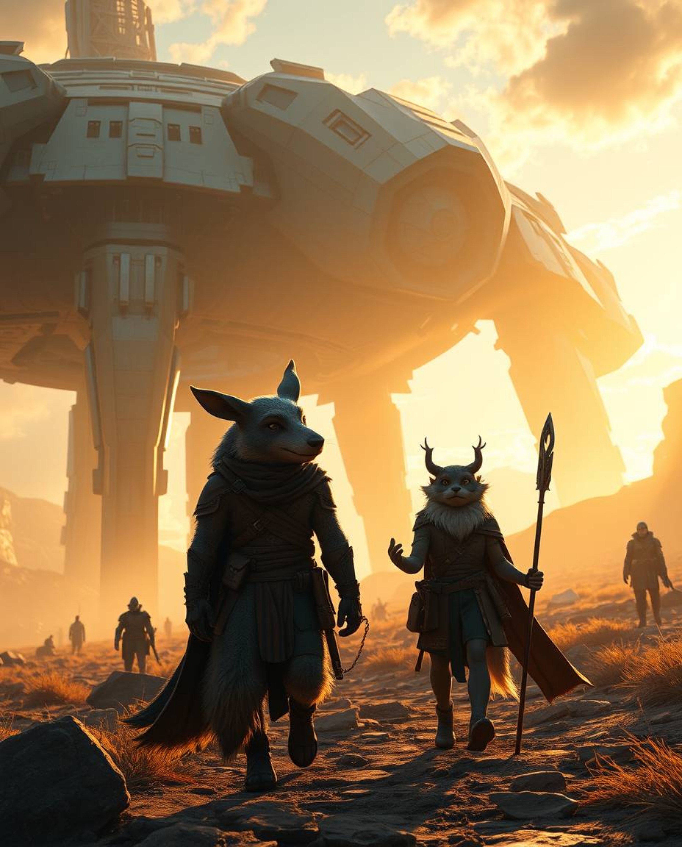 A captivating image depicting a modern, futuristic grand epic scene. A talking animal sidekick assists a heroic figure on the