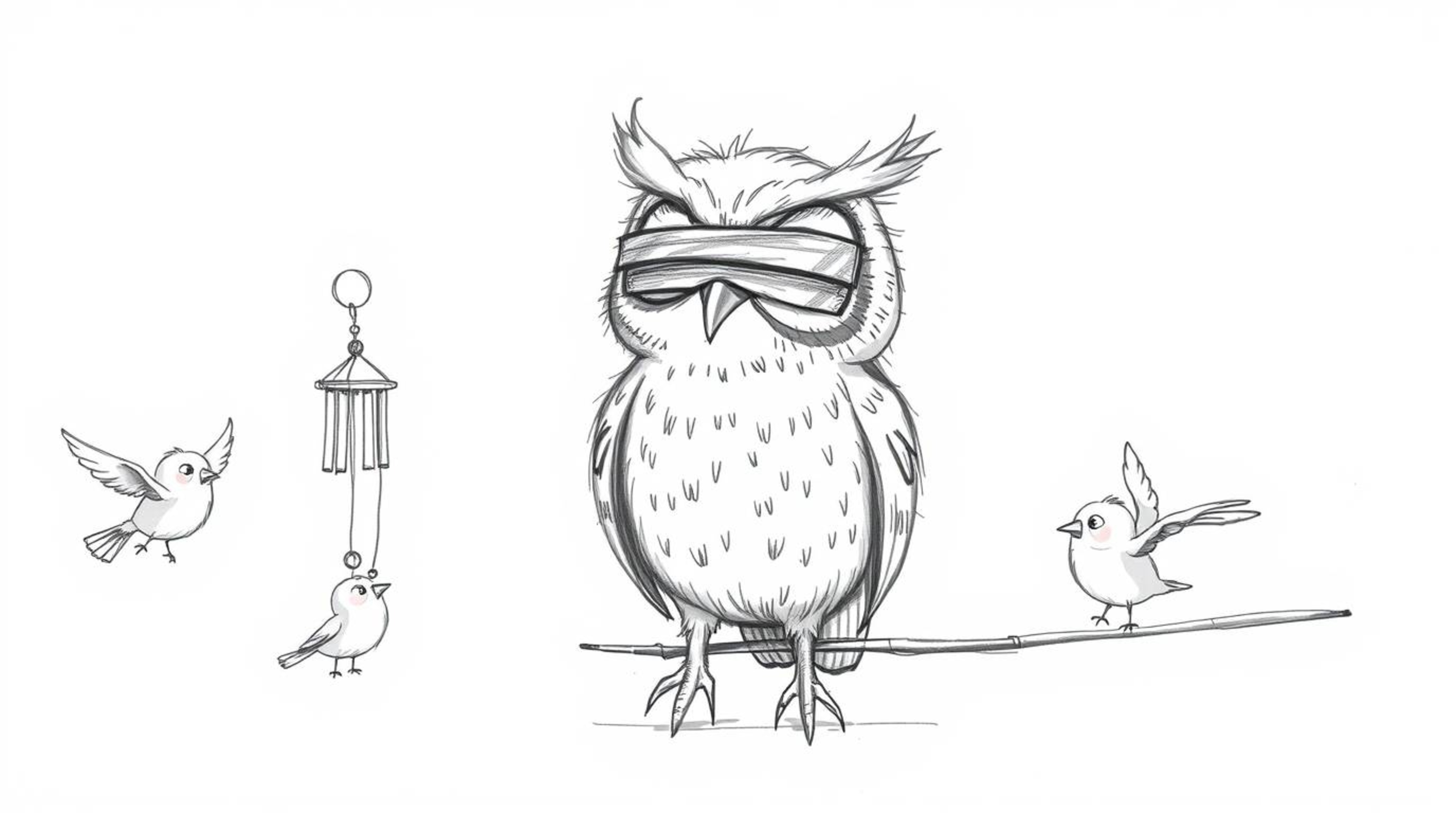 A heartwarming, hand-drawn sketch in the style of Pixar depicting a blind owl, rendered with soft, feathery textures, passion