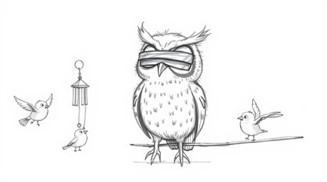 A heartwarming, hand-drawn sketch in the style of Pixar depicting a blind owl, rendered with soft, feathery textures, passion