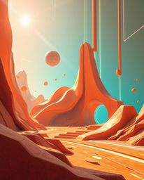 Explore a vibrant and abstract futuristic sci-fi scene rendered in warm terracotta and cool teal hues. This composition showc
