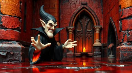 Experience a classic Disney villain, with sharp features and pale skin, casting a captivating spell within the walls of an ol
