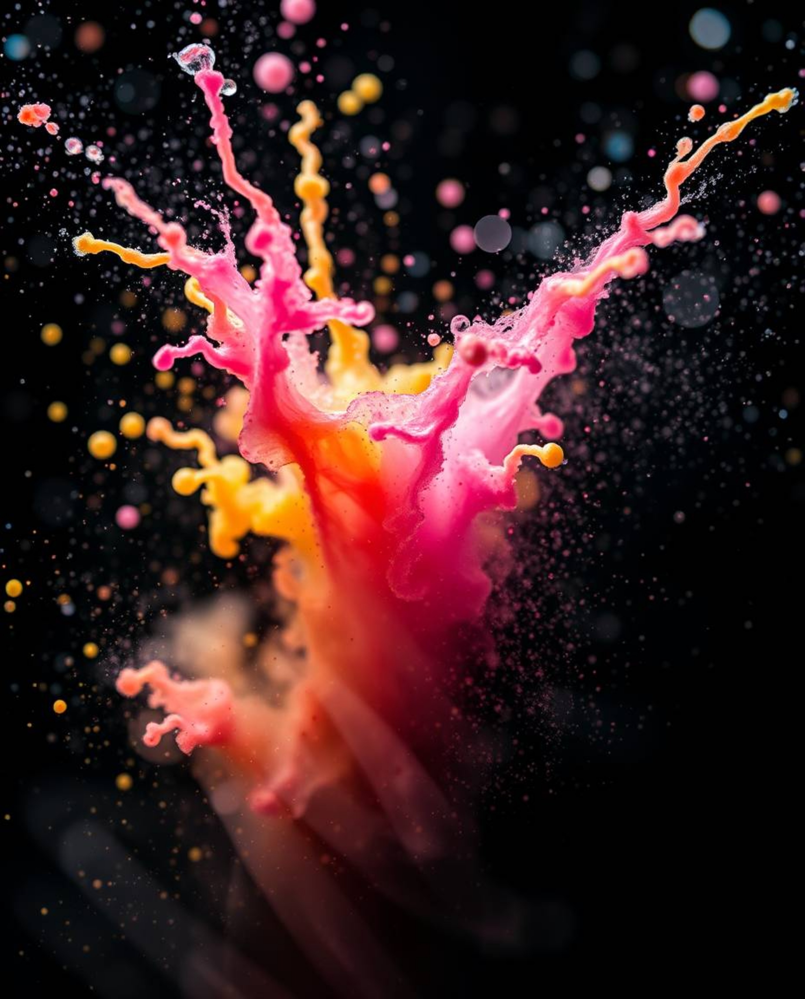 This stunning extreme macro close-up captures dynamic and colorful splashes against a stark black backdrop. The freeze-frame 