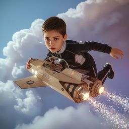 Exquisite high-fashion photography captures a boy with sleek hair and curious eyes building an intricately designed cardboard