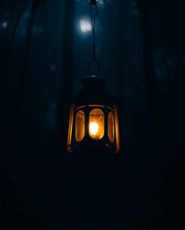 Experience the intense drama of a glowing lantern in a dark forest, captured with high contrast lighting. This evocative imag