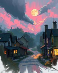 Discover a captivating digital sketch of a sleepy town, featuring pastel-colored houses bathed in intense dramatic lighting. 