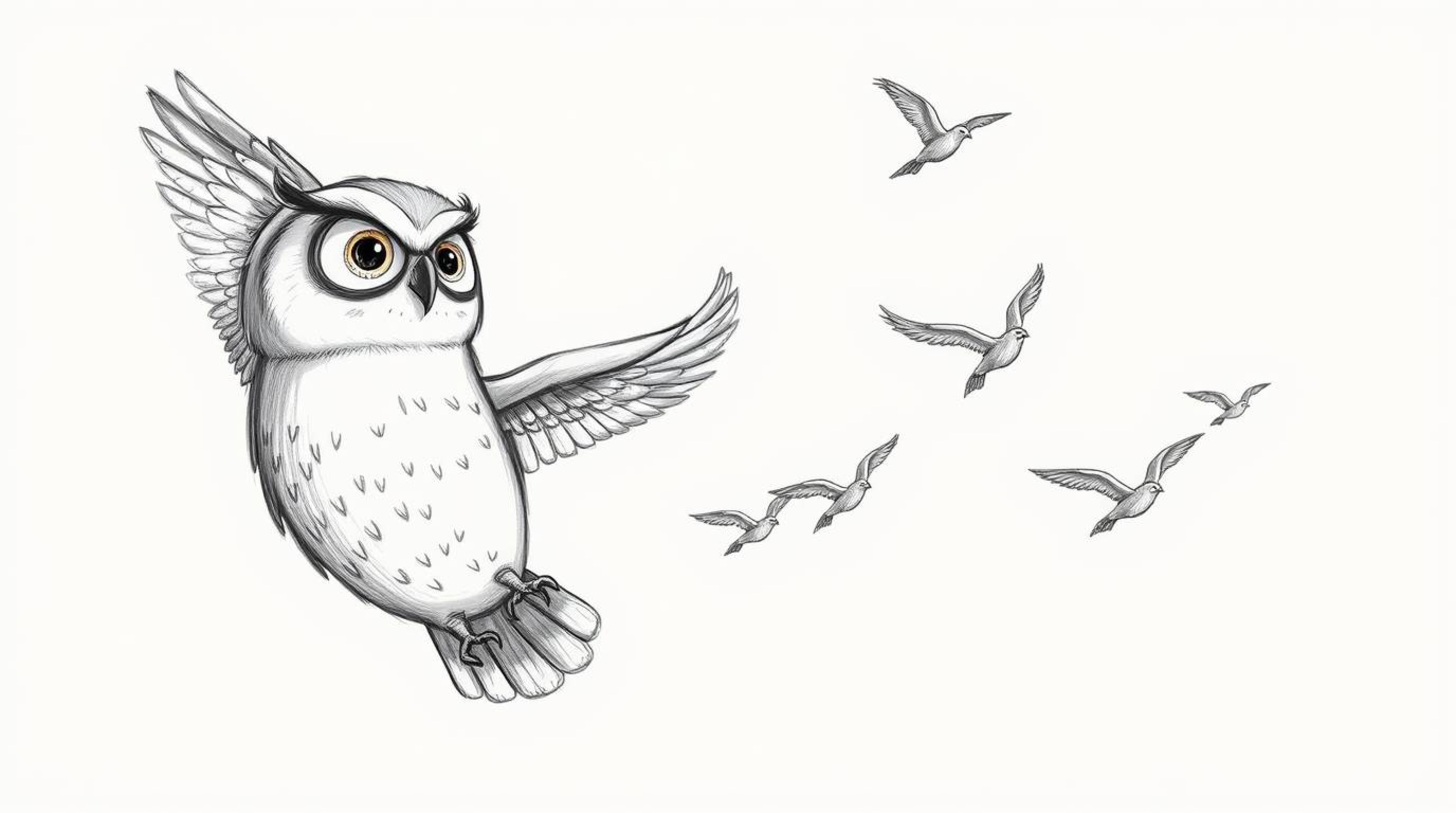 This whimsical, hand-drawn sketch, created in the style of Pixar, showcases a blind owl, its feathers detailed with textured 