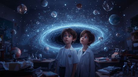 A vibrant, high-contrast cinematic photograph, reminiscent of Pixar's whimsical style, features a dynamic duo of science fair