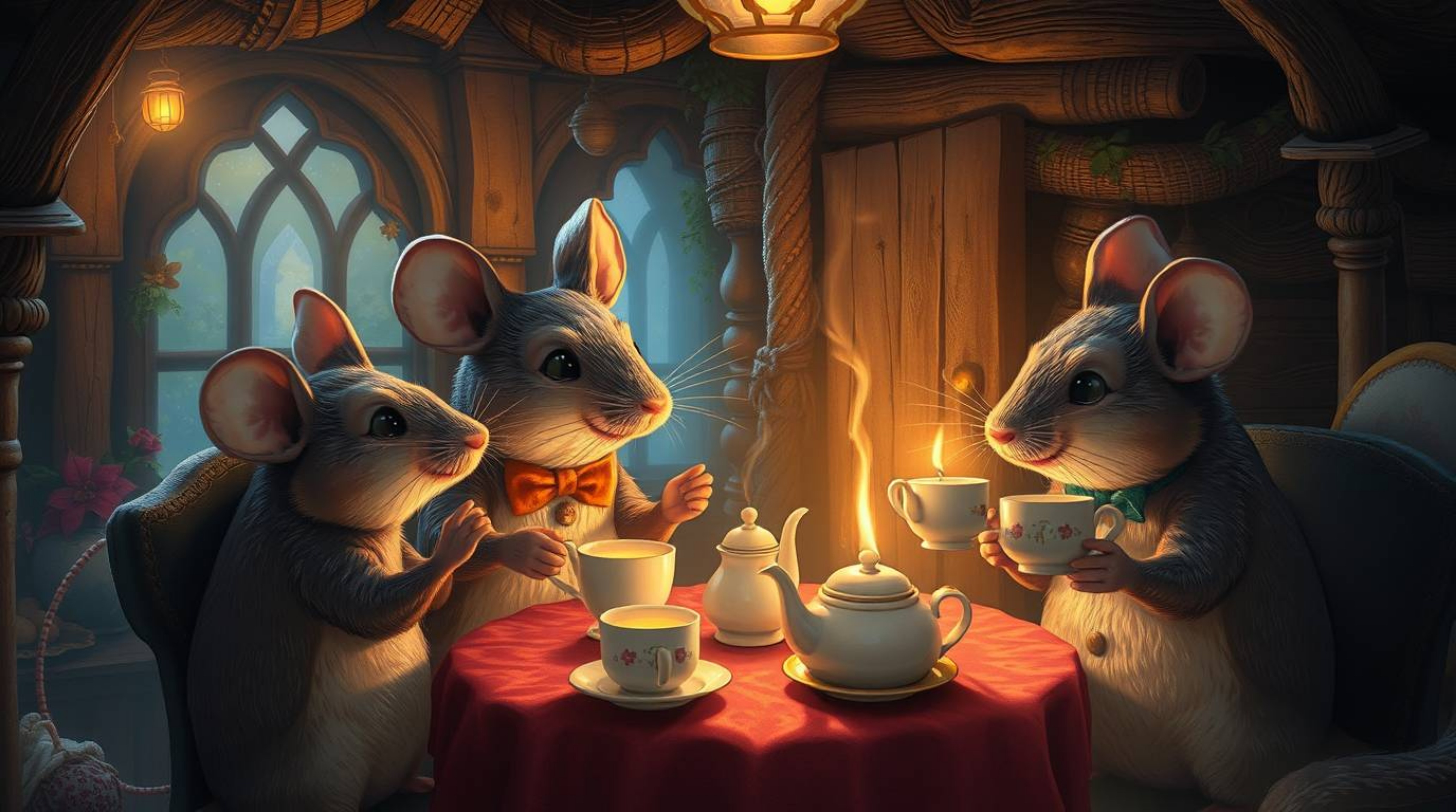 Experience a dreamlike and surreal scene with anthropomorphic mice enjoying a tea party in a cozy cottage. This dramatic cine