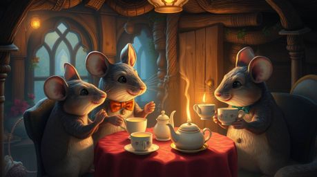 Experience a dreamlike and surreal scene with anthropomorphic mice enjoying a tea party in a cozy cottage. This dramatic cine