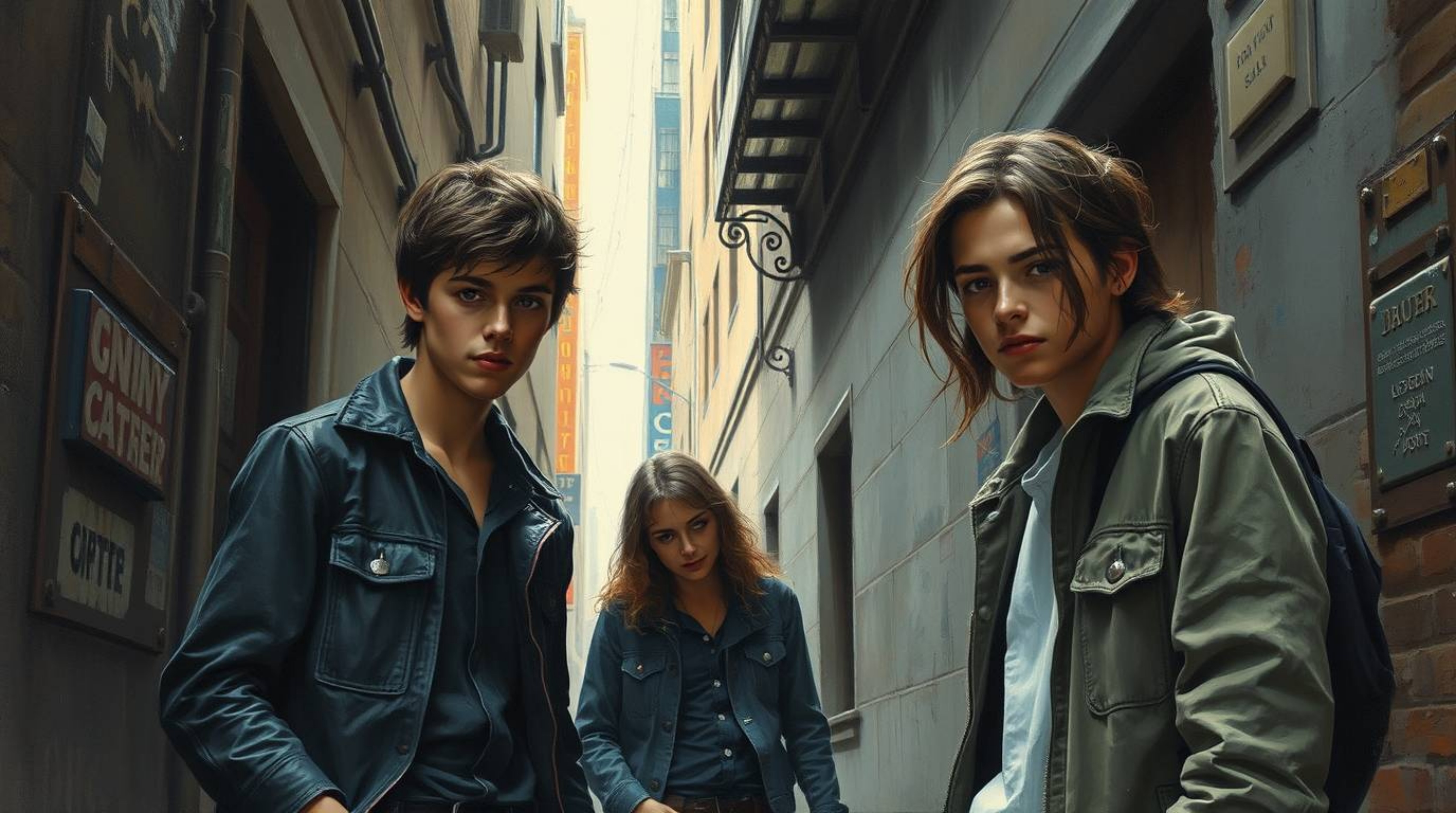 A classic oil painting style showcases rebellious teens within a grungy city alley. The artwork boasts rich textures, visible
