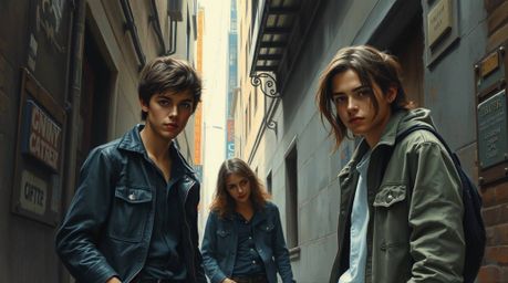 A classic oil painting style showcases rebellious teens within a grungy city alley. The artwork boasts rich textures, visible
