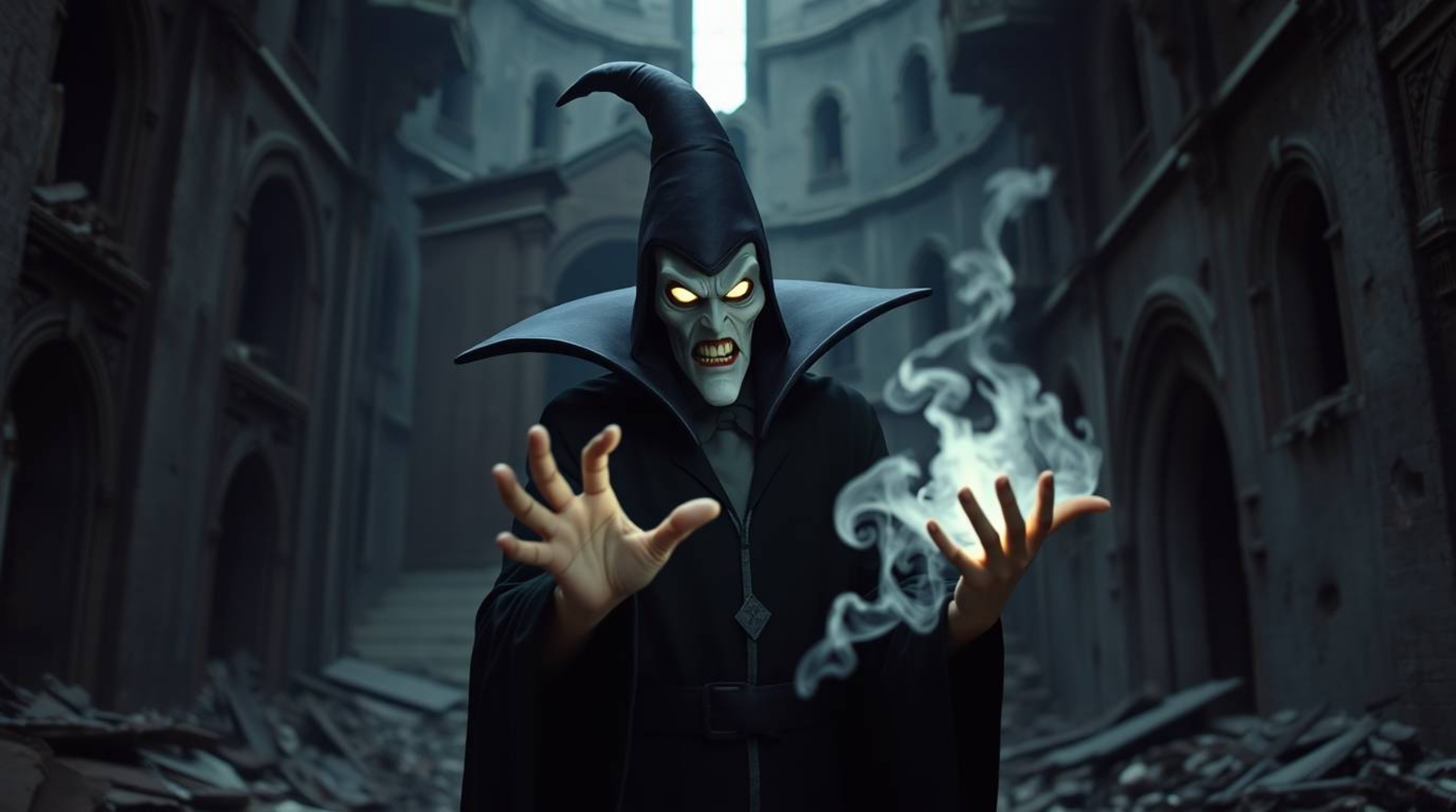 A candid, slightly blurry image captures a classic Disney villain with glowing eyes, casting a spell within a crumbling castl