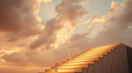 A breathtaking photograph showcasing luminous steps gracefully ascending into a cloudy sky, drenched in the warm glow of gold