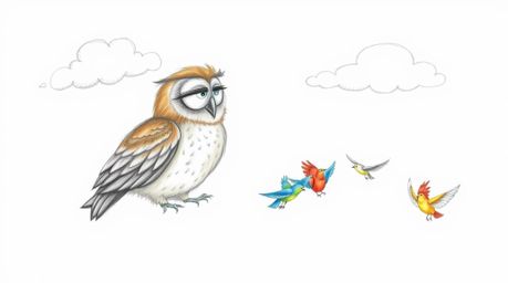 A heartwarming hand-drawn pencil sketch in the style of Pixar, featuring a blind owl with large, expressive eyes and soft bro