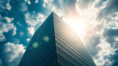 Witness a breathtaking scene where a modern glass building seamlessly dissolves into the sky, bathed in intense dramatic ligh