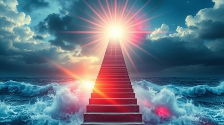 A dramatic cinematic staircase rises from a turbulent ocean, leading towards a sunburst-illuminated sky, creating an epic and