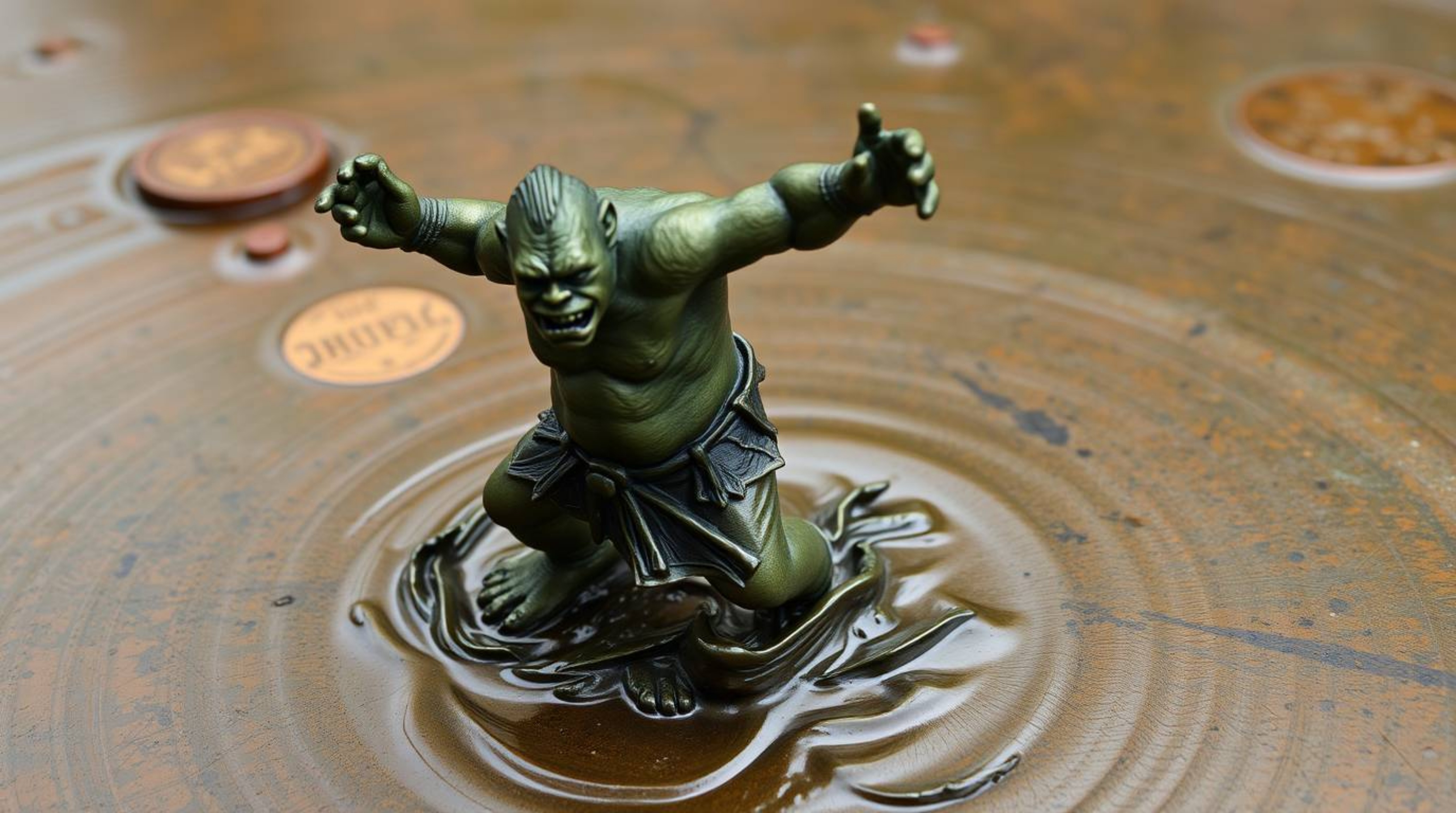 Experience the dynamic energy of an ogre dancing in a swamp with this unique bronze sculpture. The antique patina finish and 