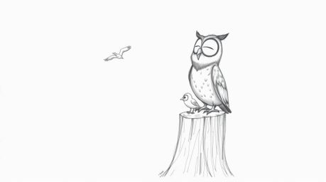 A rough, textured pencil sketch depicts a blind, expressive owl in the style of Pixar. The owl, perched on a tree stump, joyf