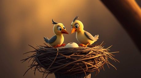 Discover unique fine art photography featuring two cartoon birds building a nest, rendered in a classic animation style. This