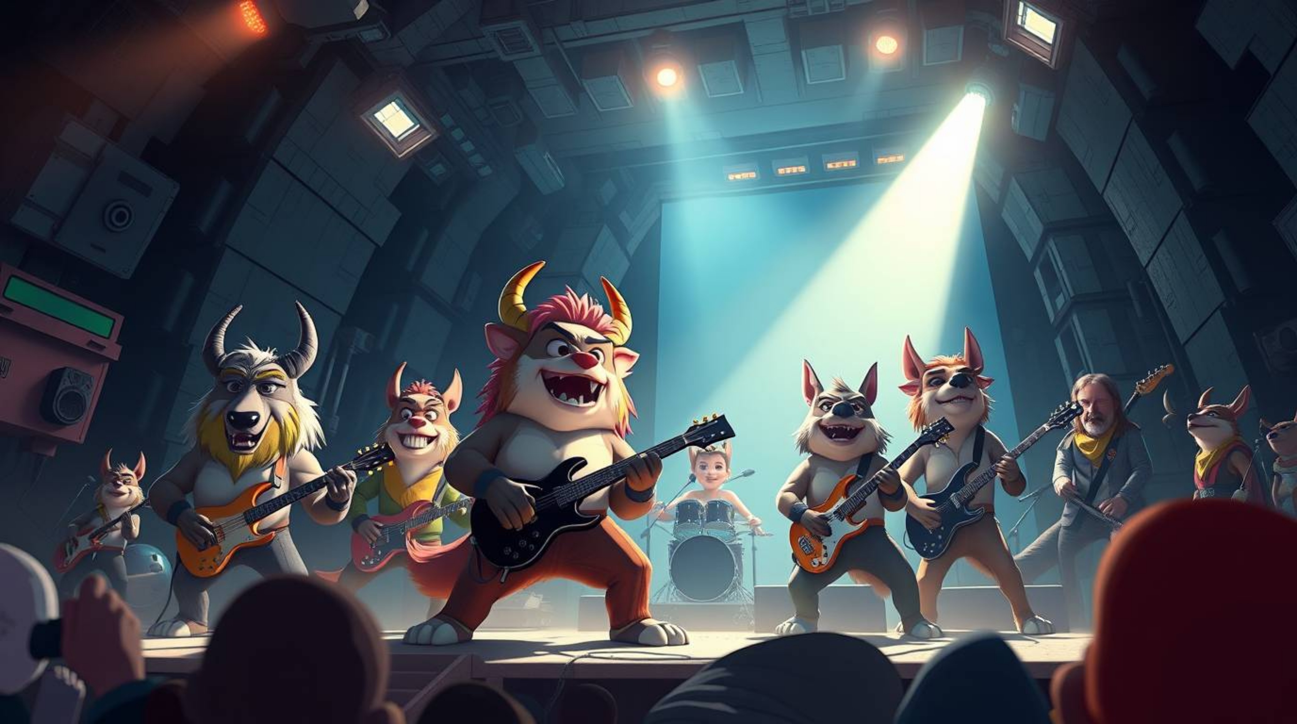 Experience an epic scene set in a modern future, featuring a band of cartoon animals rocking out with strong hard light and d